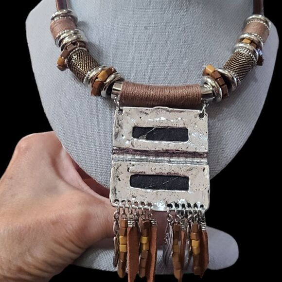 PARIS Necklace Ethnic Tribal Statement Solid Reversible Brown & Silver … - Picture 4 of 13